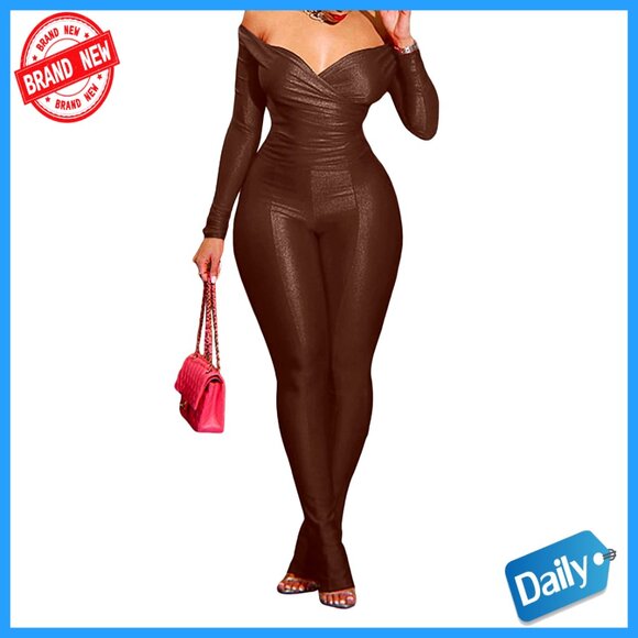 Sexy Off Shoulder Top with Flared Pants Two Piece Set Stretchy Material